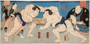 مقاتلو شيرانوي وجيماكو السومو. Estampe de Utagawa Kunisada (1786-1865) ، مقابل 1860 - مباراة المصارعة Shiranui vs Jimmaku ، بواسطة Kunisada (Toyokuni III) ، Utagawa (1786-1865). قطع خشبية ملونة بواسطة أوتاغاوا كونيسادا