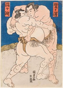 المقاتلين القتاليين من أوزوغافوتشي وواشيغاما. Estampe de Utagawa Kunisada (1786-1865) ، مقابل 1830 - مباراة المصارعة Uzugafuchi vs Washigahama ، بواسطة Kunisada (Toyokuni III) ، Utagawa (1786-1865). نقش خشبي ملون ، ج. ١٨٣٠. الأبعاد: ٣٧ × ٢٦ سم. خاص ج