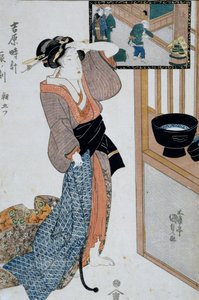 ساعة النمر ، الساعة السابعة من الصباح ، كاليفورنيا 1818 ، فن Ukiyo-e مطبوع بواسطة Utagawa Kunisada (1786-1865) من الاثني عشر ساعة في Yoshiwara ، نقش خشبي Oban-tate-e ، 37x24.9 سم ، الحضارة اليابانية بواسطة أوتاغاوا كونيسادا