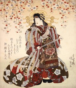 إيواي كومسابورو الثاني مثل Agemaki في Sukeroku yukari no Edo zakura حوالي عام 1830 (طباعة خشبية ملونة) بواسطة أوتاغاوا كونيسادا