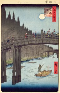 Bamboo Yards، Kyobashi Bridge، No.76 من مائة مشاهدة من Edo، Edo Period، Ansei Era ، تم نشره عام 1857 (طبعة خشبية ملونة) بواسطة Utagawa Hiroshige