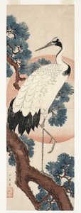 الرافعة في شجرة الصنوبر عند شروق الشمس ، 1850-55 (woodblock)