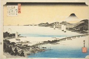 توهج المساء في جسر سيتا (سيتا نو سيكيشو) ، من سلسلة "ثمانية مناظر لأومي (Omi hakkei no uchi)" بواسطة Utagawa Hiroshige