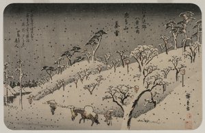 تساقط الثلوج في أسوكا هيل ، من سلسلة ثمانية مناظر لبيئات إيدو بواسطة Utagawa Hiroshige