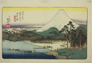 أنا عضو في مدير Boa ts C Rossin g Tefuji ، P Lovinse (صورة لقارب عبّارة صغير من أجل Fujikawa) ، من سلسلة "pa backs of Japan الشهيرة" (المكان الشهير لهذا المؤلف) " بواسطة Utagawa Hiroshige