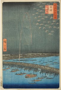 الألعاب النارية في Ryōgoku (Ryōgoku hanabi) ، من سلسلة مائة منظر مشهور لإيدو (Meisho Edo hyakkei) بواسطة Utagawa Hiroshige