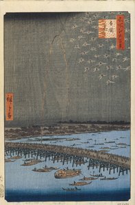 الألعاب النارية من جسر Ryogoku مائة مشاهدة شهيرة لإيدو ، 1856-1858 بواسطة Utagawa Hiroshige
