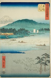 Hiratsuka: Ferry on the Banyu River and Distant View of Mount Oyama (Hiratsuka, Banyugawa funewatashi Oyama enbo), no. 8 from the series "Famous Sights of the Fifty-three Stations (Gojusan tsugi meisho zue)," also known as the Vertical Tokaido بواسطة Utagawa Hiroshige