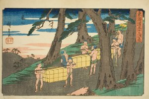 Kameyama ، من سلسلة "ثلاثة وخمسون محطة من Tokaido (Tokaido gojusan tsugi no uchi)" المعروف أيضًا باسم Gyosho Tokaido بواسطة Utagawa Hiroshige