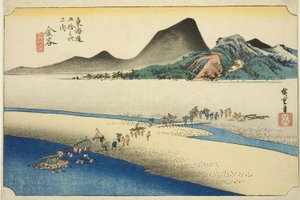 Kanaya: The Far Bank of the Oi River (Kanaya، Oigawa engan) ، من سلسلة "ثلاثة وخمسون محطة من طريق توكايدو (Tokaido gojusan tsugi no uchi)" المعروف أيضًا باسم Hoeido Tokaido بواسطة Utagawa Hiroshige