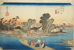 كاواساكي: عبارة Rokugo (كاواساكي ، Rokugo watashibune) ، من سلسلة "ثلاثة وخمسون محطة من Tokaido (Tokaido gojusan tsugi no uchi) ،" المعروفة أيضًا باسم Hoeido Tokaido بواسطة Utagawa Hiroshige