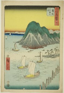 Maisaka: عبارات عبور البحر في Imagiri (Maisaka ، Imagiri kaijo funewatashi) ، لا. 31 من سلسلة "مشاهير المحطات الثلاث والخمسون (Gojusan tsugi meisho zue)" المعروفة أيضًا باسم Vertical Tokaido بواسطة Utagawa Hiroshige