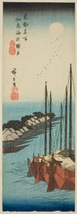 ضوء القمر الضبابي على الشاطئ في جزيرة تسوكودا (Tsukudajima kaihen oborozuki) ، من سلسلة "الأماكن الشهيرة في العاصمة الشرقية (توتو ميشو)" بواسطة Utagawa Hiroshige