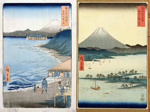 الجبال والساحل ، منظران من "36 مناظر لجبل فوجي" ، الحانة. بواسطة Kosheihei ، 1853 ، (طبعة خشبية ملونة)