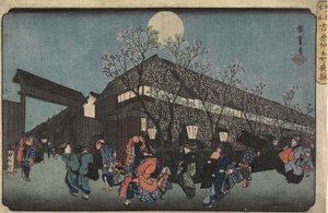 منظر ليلي ل Nakanomachi مع أزهار الكرز في Yoshiwara ، 1832-1834