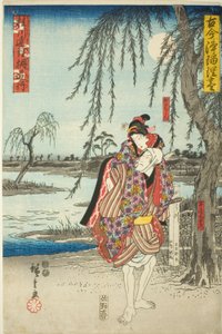 Ohan و Obiya Choemon يهربان في الدراما Katsuragawa Renri no Shigarami ، من مسلسل "A Collection of Ancient and Modern Dramas (Kokon Joruri zukushi)" بواسطة Utagawa Hiroshige