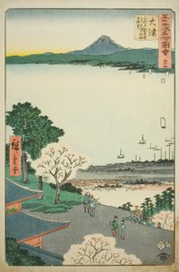 أوتسو: منظر بعيد لأوتسو والبحيرة من معبد Kannon Hall of Mii (Otsu ، Miidera Kannondo Yori Otsu No Machi Kosui Chobo) ، لا. 54 من سلسلة "المشاهد المشهورة لثلاث وخمسين محطة (Gojusan Tsugi Meisho Zue)" المعروفة أيضًا باسم Vertical To بواسطة Utagawa Hiroshige