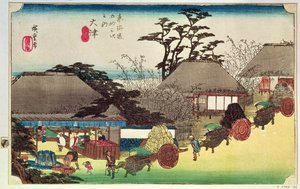 أوتسو ، رسم توضيحي من "ثلاث وخمسون محطة من طريق توكايدو" ، الحانة. بواسطة Takenouchi Magohachi ، c.1831-4 (كتلة خشبية ملونة)