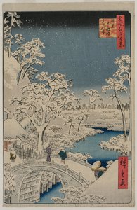 صورة الشفق عند جسر الطبل في ميغورو ، من سلسلة 100 مشهد لأماكن شهيرة في إيدو بواسطة Utagawa Hiroshige