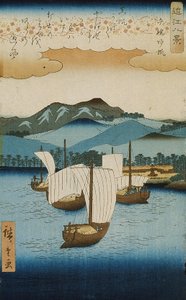 عودة الأشرعة في Yabase من سلسلة ثمانية مناظر لأومي ، c.1855-8 (طباعة كتلة خشبية ملونة)