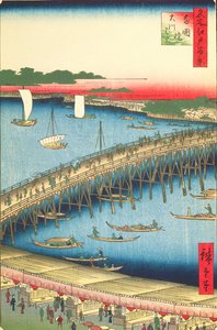 جسر Ryogoku و Great Riverbank ، رقم 59 من مائة مشاهدة شهيرة لإيدو ، 1856 (طبعة خشبية ملونة) بواسطة Utagawa Hiroshige