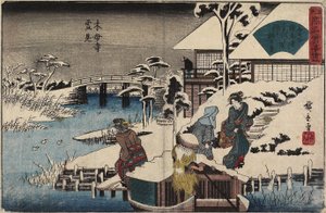 مشهد الثلج في معبد Mokubo-ji ومطعم Uekiya ، ج. 1835-1842