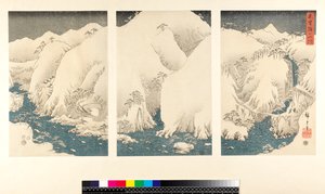عاصفة ثلجية في جبال وأنهار كيسو ، (sanmaitsuzuki - triptych ، yoko-e - تنسيق أفقي ، طباعة خشبية ملونة)