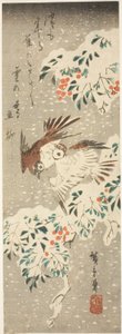 العصافير تتساقط حول ناندينا المغطاة بالثلوج بينما يتساقط المزيد من الثلج بواسطة Utagawa Hiroshige