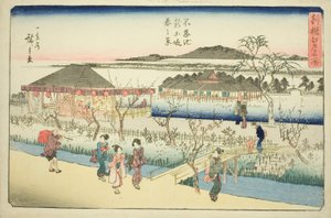 منظر الربيع للجسر الجديد في Shinobazu Pond (Shinobazu ike shin dote haru no kei) ، من سلسلة "الأماكن الشهيرة المختارة حديثًا في إيدو (شينسن إيدو ميشو)" بواسطة Utagawa Hiroshige