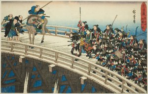 الهجوم الليلي ، الجزء 4 [كذا ؛ في الواقع 5]: The Retreat عبر جسر Ryogoku (Youchi yon ، Ryogoku hikitori) ، من سلسلة "The Revenge of the Loyal Retainers (Chushingura)" بواسطة Utagawa Hiroshige