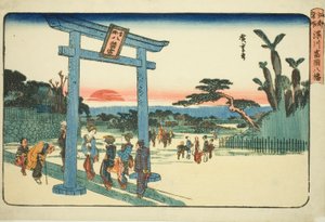 ضريح Tomigaoka Hachiman في Fukagawa (Fukagawa Tomigaoka Hachiman) ، من سلسلة "الأماكن الشهيرة في Edo (Koto Meisho)" بواسطة Utagawa Hiroshige