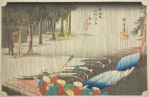Tsuchiyama: Spring Shower (Tsuchiyama، haru no ame) ، من سلسلة "ثلاثة وخمسون محطة من Tokaido (Tokaido gojusan tsugi no uchi)" المعروف أيضًا باسم Hoeido Tokaido بواسطة Utagawa Hiroshige