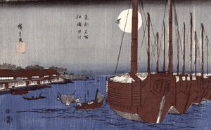 جزيرة Tsukudajima ومنطقة Fukagawa تحت البدر ، من سلسلة "Toto Meisho" (الأماكن الشهيرة في Edo) (طبعة خشبية ملونة)