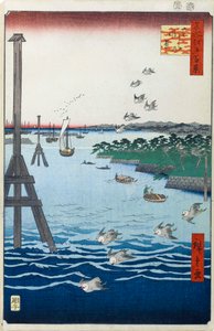 منظر لساحل شيبا مائة منظر مشهور لإيدو ، ١٨٥٦-١٨٥٨. بواسطة Utagawa Hiroshige