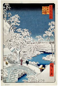 يوهي هيل وجسر درام في ميغورو مائة منظر مشهور لإيدو ، 1856-1858. بواسطة Utagawa Hiroshige