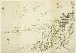 رسم تخطيطي لقمر الخريف في معبد إيشيياما (Ishiyama no shugetsu) ، من سلسلة "ثمانية مناظر في مقاطعة أومي (Omi Hakkei)"