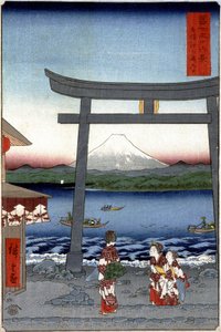 Geishas وجبل فوجي - طباعة يابانية بواسطة Hiroshige Utagawa