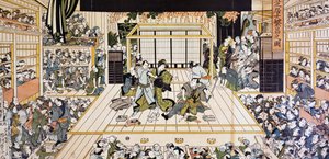 عرض مسرحي كابوكي في إيدو ، طباعة فن أوكييو-إي لأوتاغاوا كونيمارو (1794-1829) ، نقش خشبي ، الحضارة اليابانية ، فترة إيدو بواسطة أوتاغاوا كونيمارو