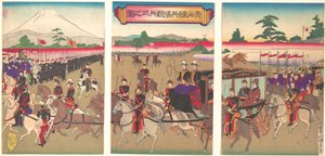 منظر لاستعراض استعراض عسكري في أوياما ، فبراير 1889 ميجي 22 ، فبراير 1889 ميجي 22.