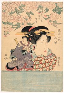 Pentaptych: خمس فتيات مع دمى مسرحية بواسطة Utagawa Kuniyasu