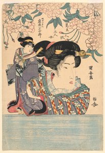 Pentaptych: خمس فتيات مع دمى مسرحية بواسطة Utagawa Kuniyasu
