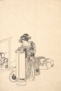 امرأة شابة تتكئ على مصباح طويل. بواسطة Utagawa Kuniyasu
