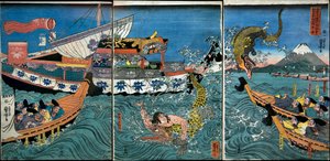 قتال أساهينا يوشيهيدي مع تمساحين في البحر قبالة كاماكورا كوتسوبو بواسطة Utagawa Kuniyoshi