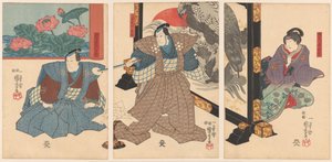 ثلاثة ممثلين على شاشة قابلة للطي بواسطة Utagawa Kuniyoshi