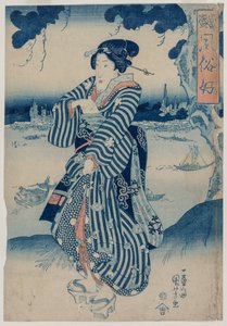 الغيشا واقفة على ضفة نهر سوميدا ، في أوائل الثلاثينات من القرن التاسع عشر. بواسطة Utagawa Kuniyoshi