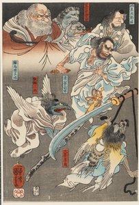 ميناموتو يوشيتسون يحارب Benkei على جسر Gojō بمساعدة شياطين tengu بواسطة Utagawa Kuniyoshi