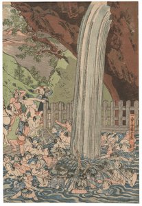 الحجاج في شلال روبن في أوياما ، وقعوا على Ichiyusai Kuniyoshi ، نشرته Azumaya Daisuke ، ختم kiwame ، Oban tate-e بالثلاثي (طباعة خشبية ملونة) بواسطة Utagawa Kuniyoshi