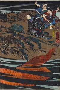 ورقة من لوحة ثلاثية الألوان مطبوعة بألواح خشبية ، تصور Oniwaka-maru (المستقبل Musashibo Benkei) على وشك مهاجمة الكارب العملاق الذي التهم والدته: اليابان ، إيدو ، بواسطة أوتاغاوا كونيوشي ، ج. 1845 بواسطة Utagawa Kuniyoshi