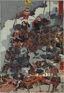 ورقة من لوحة ثلاثية الألوان مطبوعة بقوالب خشبية ، بعنوان Eiroku yonnen kugatsu yokka Kawanakajima kassen ni Yamamoto Kansuke ny؟ D؟ No uchijini no zu بواسطة Utagawa Kuniyoshi
