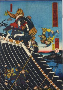 ورقة من لوحة ثلاثية الألوان مطبوعة بألواح خشبية بعنوان H؟ ryukaku sh؟ no zu يصور مشهدًا من Hakkenden of Takiwzawa Bakin يظهر قتالًا على سطح المعبد بين Inuzuka Shino بواسطة Utagawa Kuniyoshi